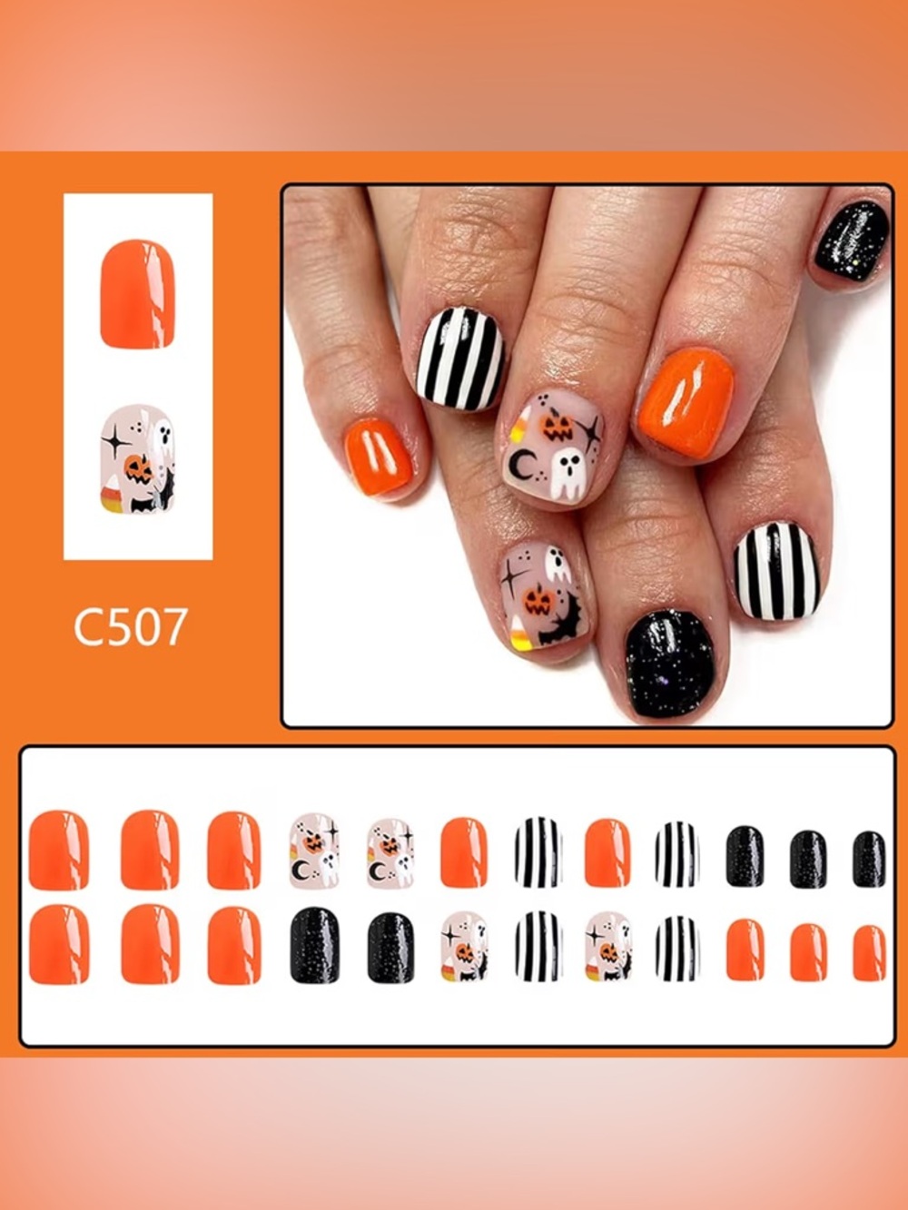 Halloween Nail Art Press On Nails With Ghost Stripes Pumpkin Bat Party Manicure